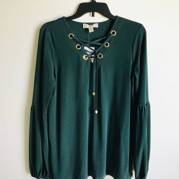 MICHAEL‎ Michael Kors Emerald Green Grommet Lace Up Neck Long Sleeve Top - Picture 8 of 9